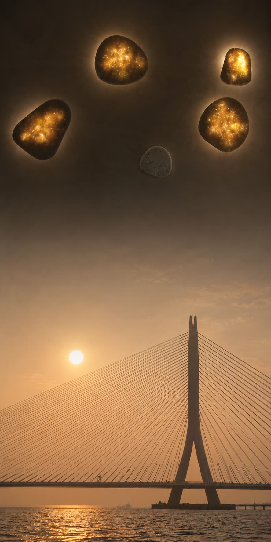 夕陽橋樑與四顆發光寶石圖像背景