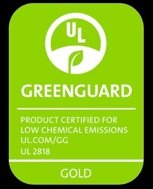 Green UL Greenguard product label for low chemical emissions, featuring a leaf symbol and the word 'GOLD' at the bottom.